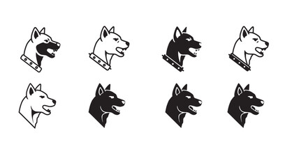 Naklejka premium Collection of aggressive dog head silhouette illustrations showing different design variations in black and white