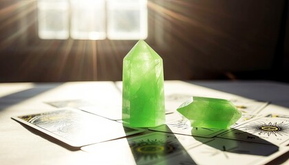 Green crystals on tarot cards with sunlight streaming through a window. The scene conveys a mystical and spiritual atmosphere.