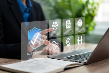 Business operating standards,Professional rating services,Highlighting quality assurance,Businesswomen show quality management process of organisation, Quality control certification,Automation process