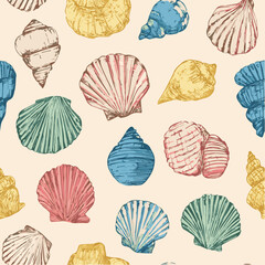 Seamless pattern of seashells with Mediterranean Italian style