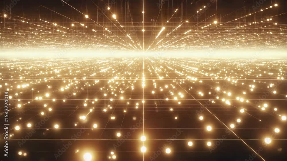 Poster abstract golden network: a vast grid of bright nodes and lines stretching into the distance with a c