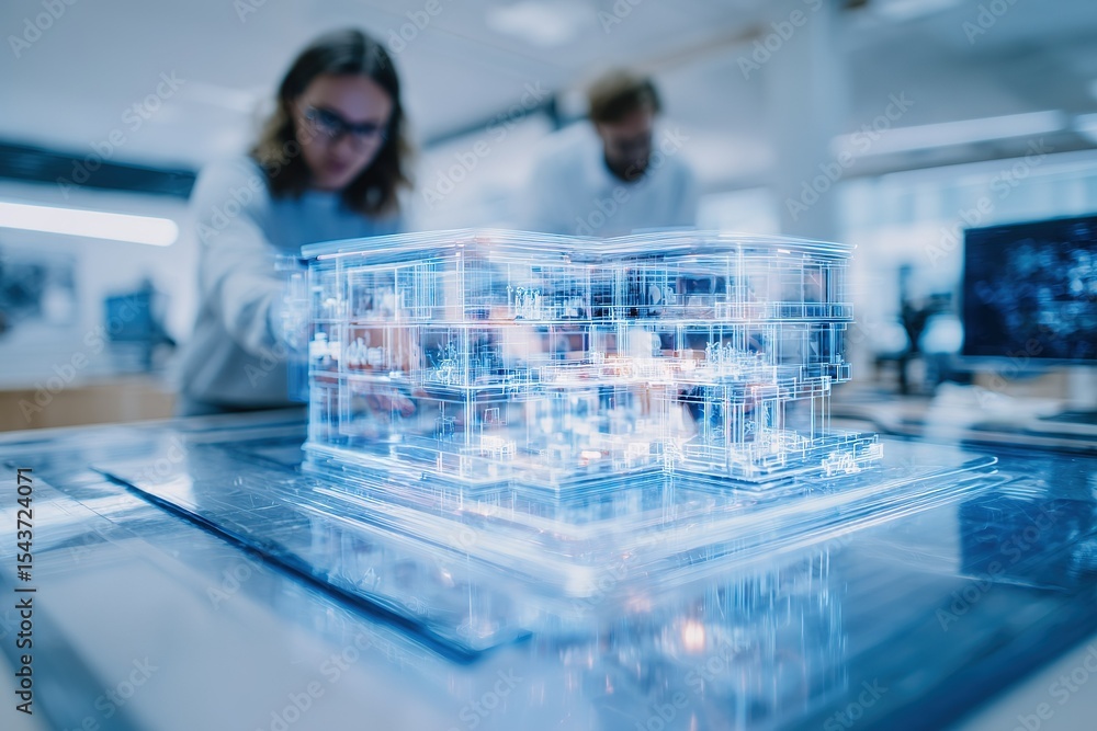 Poster architects collaborate on a digital building model in a modern design studio during a bright afterno