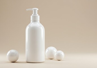 Cosmetic bottle with pump dispenser and spheres on neutral backdrop