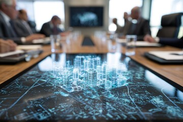 Business meeting discussing city development with digital city model displayed on conference table