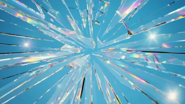 Sunlight refracts through a burst of fractured glass shards against the azure sky, casting rainbows and sharp glares in a dazzling, crystalline explos