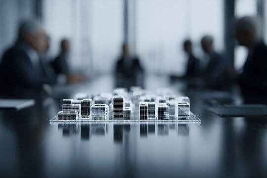 Models of urban development presented in a modern conference room with professionals engaged in discussion