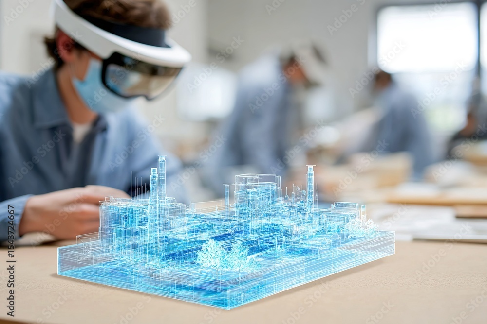 Poster 3d modeling in an engineering workshop showcases augmented reality technology with students working 