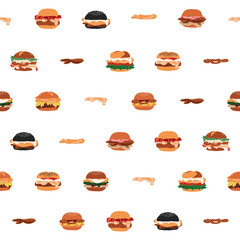Seamless fast food pattern of burger series, cute mixed burgers with chips and onion rings in minimal graphic illustration style, vivid colors on a transparent background.