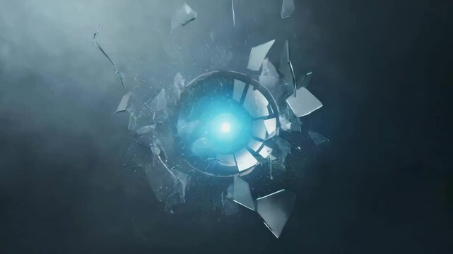 Shattered Glass Sphere Radiating a Bright Blue Light, Surrounded by Fragmented Reflections in a Dark, Cloudy Atmosphere.