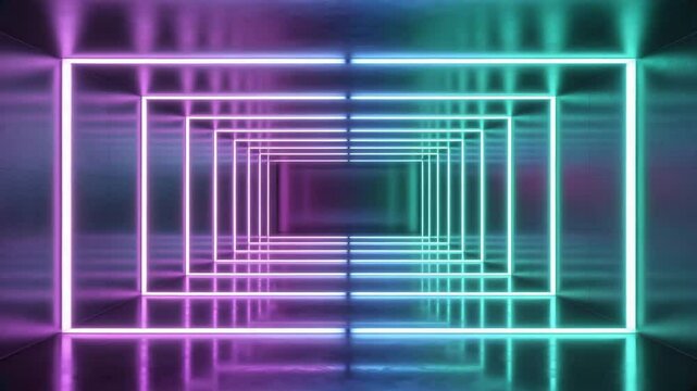 Endless Corridor of Violet to Teal Neon Squares Reflecting on Glossy Concrete, Creating a Modern, Minimalist, Infinite Optical Illusion.