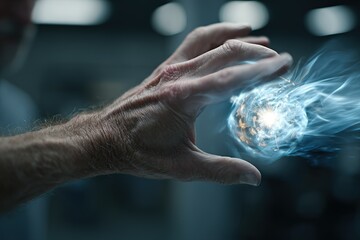 Expert magician demonstrating an energy manipulation trick in a dimly lit studio with vibrant visual effects
