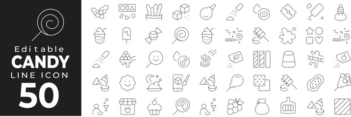 Candy set of web icons in line style. Sweet treats and confectionery linear icon collection. Containing lollipop, chocolate, wrapped candy, gummy, cupcake, candy jar, sugar and more. Editable stroke