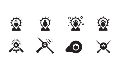 Collection of simple flat icons depicting people fire and various related elements