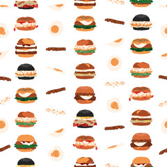 Seamless fast food pattern of burger series, cute mixed burgers with eggs and mushrooms in minimal graphic illustration style, vivid colors on a transparent background.