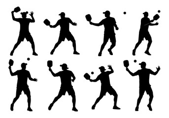 Vector silhouettes of pickleball players in various actions isolated on white background