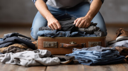 Person Struggling to Close Overstuffed Suitcase with Effort in Indoor Setting