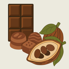 Chocolate, chocolate candies and cocoa beans on a light background.