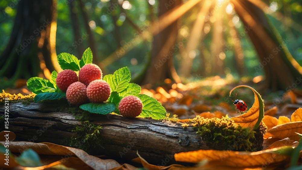 Poster lychee fruit with mint on log in forest with ladybug