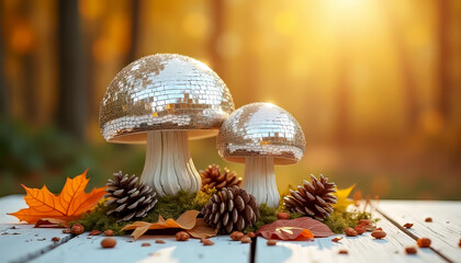 Silver disco ball style mushrooms stand on a white wooden table top decorated with moss covered cones of autumn leaves, on an autumnal background with bokeh