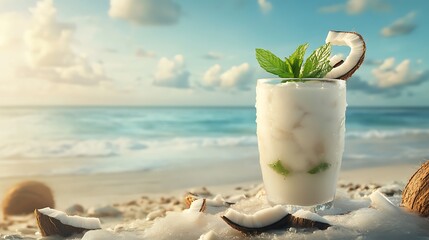 A chilled coconut and mint cooler, with fresh coconut slices, in a tropical beach setting with empty space for text