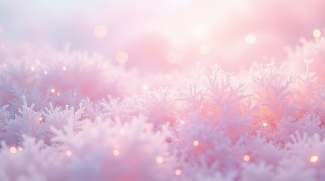 Soft pink winter wonderland background with sparkling snowflakes and glowing lights
