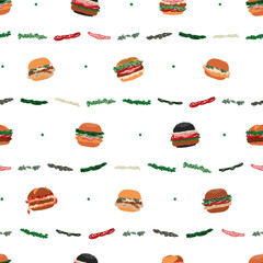 Seamless fast food pattern of burger series, cute mixed burgers with vegetables in minimal graphic illustration style, vivid colors on a transparent background.