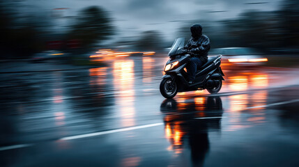 Person Riding Scooter Through Wet Street in Raincoat on a Rainy Day with Bright Reflections and Motion Blur
