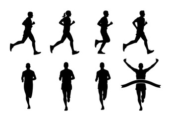 Obraz premium Vector silhouettes of runners in various running poses and a winner crossing the finish line isolated on white background