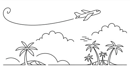 Airplane flying over tropical island scene line art