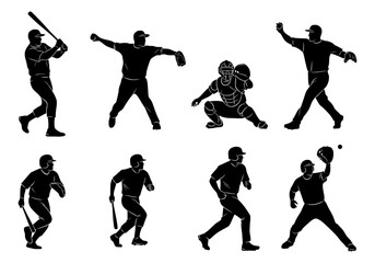 Vector silhouettes of baseball players in various actions isolated on white background