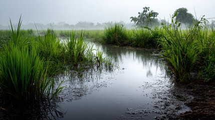 Obraz premium Serene Rice Field Landscape with Fog and Light Drizzle in Early Morning Atmosphere