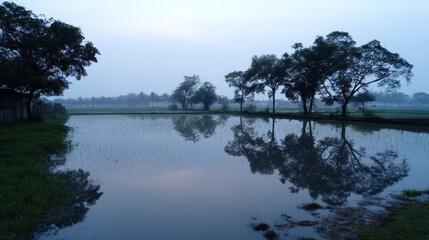 Obraz premium Serene Rice Field Reflected in Calm Water under Early Morning Fog and Drizzle Light