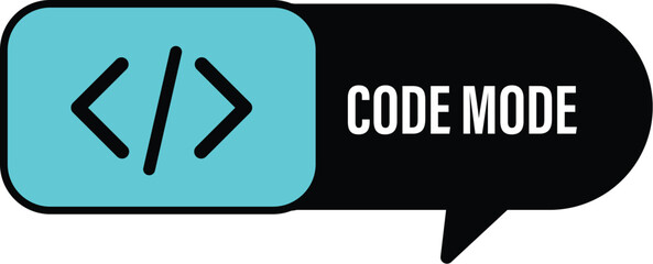 Illustration of code mode text with angle brackets in a blue and black speech bubble graphic