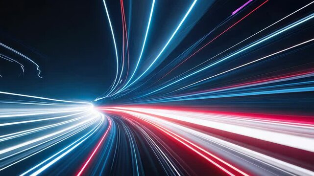 Starting red, white, blue light streaks flowing through dark tunnel, conveying high-speed motion
