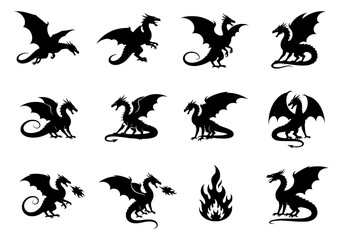 Vector various dragon silhouettes, some breathing fire, isolated on white background
