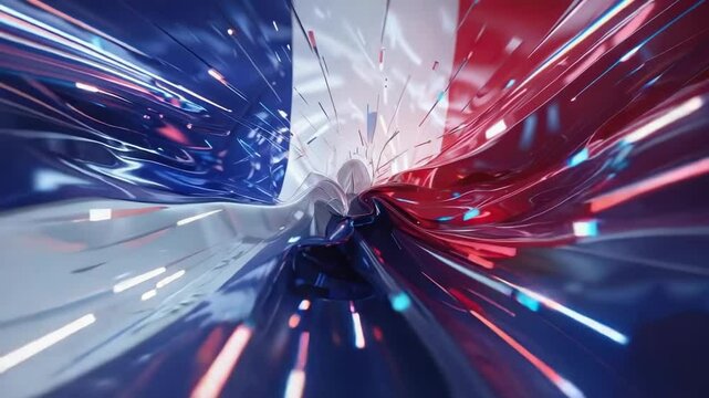 Rippling tricolor metallic ribbons in 3D graphics forming swirling vortex, emitting glowing shards - Powered by Adobe