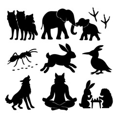 A diverse set of black animal silhouettes including wild and farm mammals like cat, horse, dog, bear, rabbit, cow, and goat, along with a bird, rendered as vector illustrations