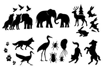 Wild animals vector silhouette collection including running horses, deer, and other farm and pet mammals like dogs, cats, and elephants