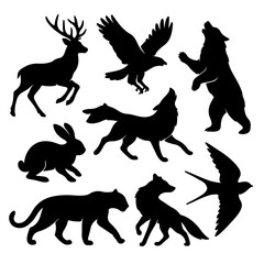 A vector collection of wild and domestic animal silhouettes, including horses, cats, dogs, deer, birds, and elephants