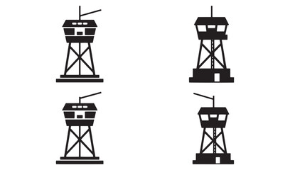 Silhouette illustrations of four different designs for an airport air traffic control tower