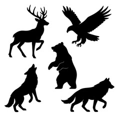A diverse collection of black vector animal silhouettes, including running dogs, majestic deer, and wild wolves, perfect for nature and wildlife designs