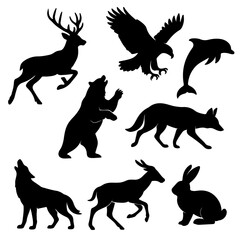 A striking collection of animal silhouettes including a horse, dog, deer, cat, elephant, kangaroo, and wolf, perfect as a vector icon set for wildlife and nature designs