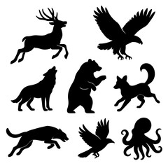 A collection of black silhouette vector animals, including wild deer, wolf, bear, fox, bird, dog, cat, horse, goat, and cow, running in nature