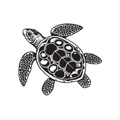 A minimalist black and white vector silhouette of a sea turtle, styled as traditional tattoo art.  The print uses vibrant colors, a retro flair, and complex ornamental details against a white back