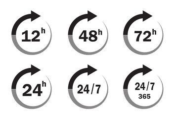 Hour icon set isolated on white background.  12, 24, 48 and 72 hours clock arrow sign. Working Hours, delivery service, order, business, Vector icon set. Vector illustration. 