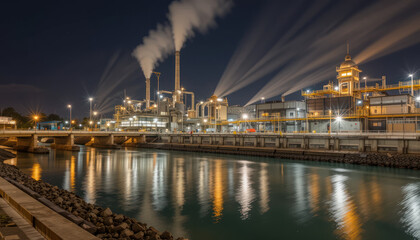 Industrial complex at night, emitting steam and light over water.