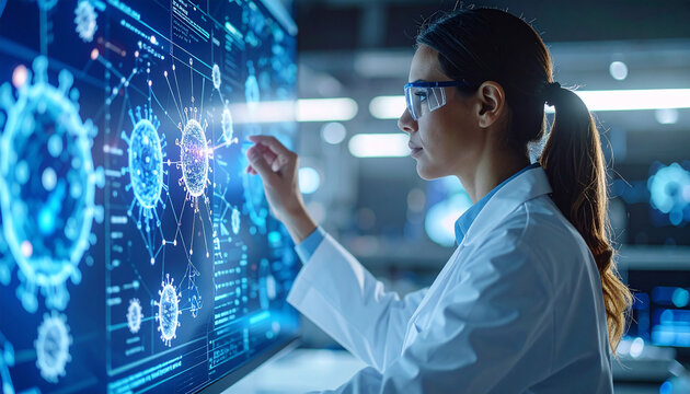 Scientist Analyzing Virus Data: A focused female scientist in a lab coat and safety glasses interacts with a large digital screen displaying complex virus data.