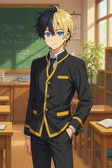 Anime Man in school uniform in a classroom