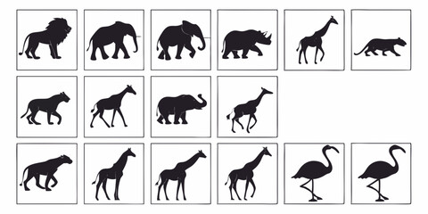 Naklejka premium Black vector silhouette set of wild animals collection