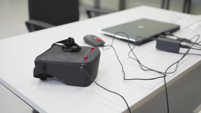 Compact FPV headset lies on wooden table with cables plugged into laptop. High-tech setup designed for precise remote piloting lessons